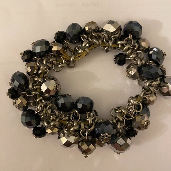 Vintage ALI KHAN New York Bracelet Cluster Black Clear Glass Beads Stretch - Picture 5 of 6